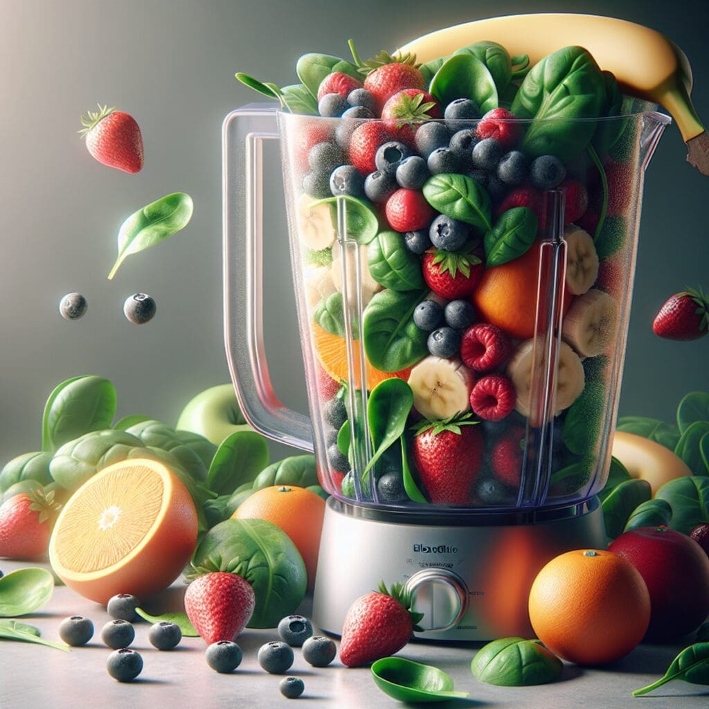 A blender filled with fresh fruits and vegetables.